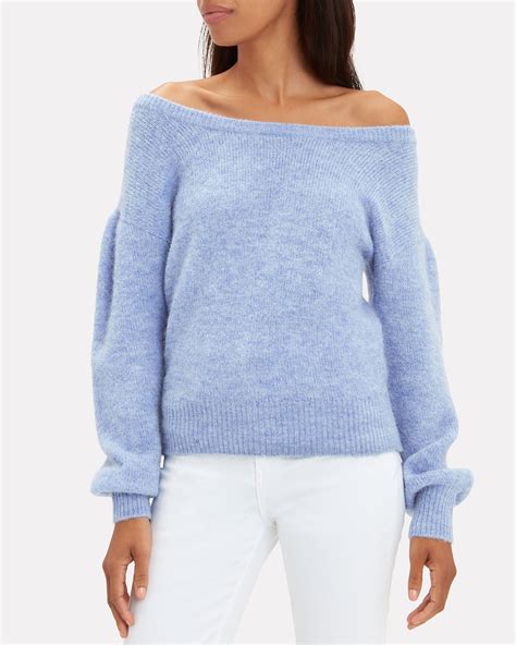 royal blue off shoulder sweater.